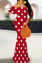 Red Elegant Polka Dot Patchwork Backless Off Shoulder Long Dresses