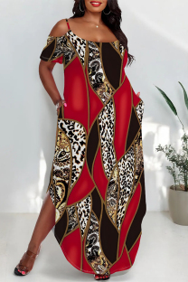Red Casual Leopard Camouflage Faux Denim Print Pocket Contrast U Neck Printed Plus Size Dresses