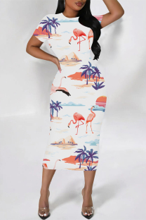 White Pink Elegant Floral Print Chain print O Neck Printed Dresses