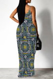 Dark Blue Sexy Geometric Print Pocket Contrast V Neck Printed Dresses