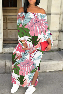 White Pink Casual Street Floral Print Slit Contrast Off Shoulder Printed Dresses