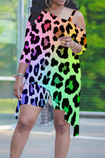 Multi-color Casual Street Gradient Leopard Stripe Splashed ink printing Contrast Sloping Shoulder Plus Size Two Pieces