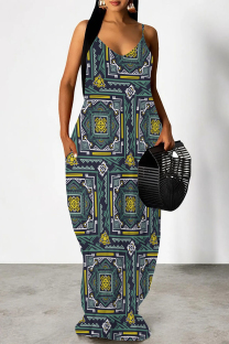 Ink Green Sexy Geometric Print Pocket Contrast V Neck Printed Dresses
