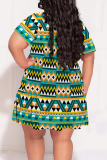 Green Casual National Totem Geometric Print Contrast V Neck Printed Plus Size Dresses