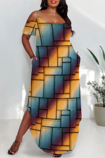 Colour Casual Leopard Camouflage Faux Denim Print Pocket Contrast U Neck Printed Plus Size Dresses