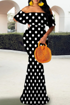 Black Elegant Polka Dot Patchwork Backless Off Shoulder Long Dresses