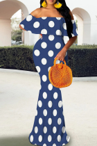 Blue Elegant Polka Dot Patchwork Backless Off Shoulder Long Dresses
