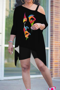 Black Casual Street Letter Print Smiley Face Print Irregular Sloping Shoulder Plus Size Two Pieces