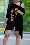 Black Red Casual Street Letter Print Smiley Face Print Irregular Sloping Shoulder Plus Size Two Pieces