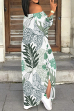 White Green Casual Street Floral Print Slit Contrast Off Shoulder Printed Dresses