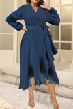 Deep Blue Elegant Solid Color Patchwork Strap Design Ruffled Trim V Neck Irregular Plus Size Dresses