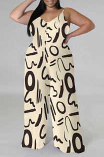 Cream White Casual Street Plaid Camouflage Print Letter Print Contrast V Neck Plus Size Jumpsuits(With a turban)