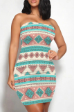 Purple Sexy National Totem Print Contrast Strapless Printed Dresses