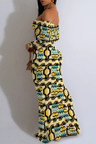 Blue Elegant Geometric Print Leopard Print Flowers Off Shoulder One Step Skirt Dresses
