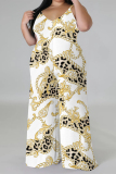 Camouflage Casual Street Plaid Camouflage Print Letter Print Contrast V Neck Plus Size Jumpsuits(With a turban)