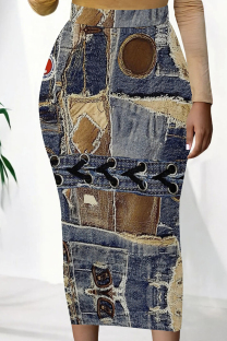 Blue Black Sexy Print Patchwork Skinny Mid Waist Pencil Positioning Print Bottoms