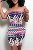 Purple Sexy National Totem Print Contrast Strapless Printed Dresses