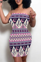 Purple Sexy National Totem Print Contrast Strapless Printed Dresses