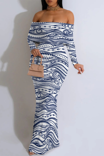 White Blue Elegant Geometric Print Leopard Print Flowers Off Shoulder One Step Skirt Dresses