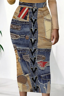 Khaki Sexy Print Patchwork Skinny Mid Waist Pencil Positioning Print Bottoms