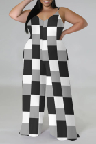 Gray White Casual Street Plaid Camouflage Print Letter Print Contrast V Neck Plus Size Jumpsuits(With a turban)