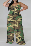 Camouflage Casual Street Plaid Camouflage Print Letter Print Contrast V Neck Plus Size Jumpsuits(With a turban)