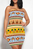 Purple Sexy National Totem Print Contrast Strapless Printed Dresses