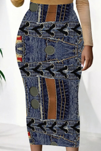 Blue Brown Sexy Print Patchwork Skinny Mid Waist Pencil Positioning Print Bottoms