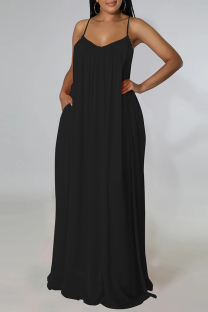 Black Sexy Solid Color Pocket Patchwork Backless Spaghetti Strap Sling Dresses