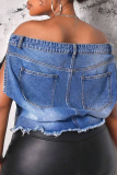 Blue Street Print Patchwork Backless Off Shoulder Sleeveless Loose Denim Jacket