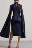 Black Street Solid Color Hollow Out Patchwork Slit Turtleneck Long Dresses