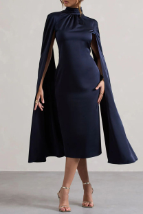 Black Street Solid Color Hollow Out Patchwork Slit Turtleneck Long Dresses