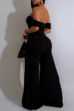 Black Casual Solid Color Patchwork Backless High Slit Ruched Strapless Short Sleeve Two Pieces