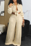 Khaki Casual Solid Color Pocket Patchwork Strap Design Cardigan Collar Long Sleeve Two Pieces