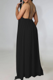 Black Sexy Solid Color Pocket Patchwork Backless Spaghetti Strap Sling Dresses