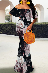 Pink Black Elegant Print Patchwork Backless Off Shoulder Long Dresses