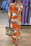 Multicolor Elegant Print Patchwork Slit V Neck Long Dresses