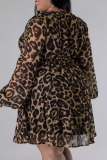 Leopard Print Elegant Leopard Print Patchwork V Neck A Line Plus Size Dresses