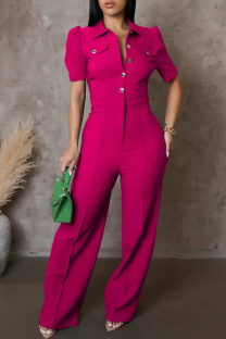 Rose Red Casual Solid Color Pocket Buckle Patchwork Turndown Collar Regular Jumpsuits(the buttons are subject to the actual)