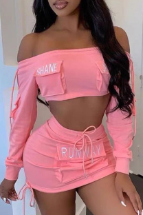 Pink Sexy Letters Draw String Pocket Patchwork Off Shoulder Long Sleeve Two Pieces