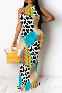Leopard Print Sexy Graffiti Print Contrast O Neck One Step Skirt Dresses