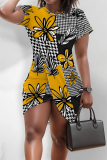 Black Yellow Casual Street Geometric Print Irregular Contrast O Neck Irregular Short Sleeve Dress
