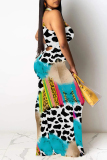Multicolor Sexy Graffiti Print Contrast O Neck One Step Skirt Dresses