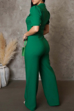 Green Casual Solid Color Pocket Buckle Patchwork Turndown Collar Regular Jumpsuits(the buttons are subject to the actual)