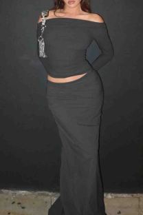Dark Gray Elegant Solid Color Patchwork Oblique Collar Long Sleeve Two Pieces