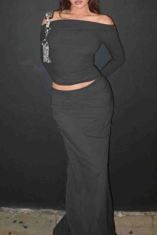 Dark Gray Elegant Solid Color Patchwork Oblique Collar Long Sleeve Two Pieces