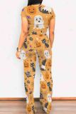 Dark Gray Casual Print Pocket Patchwork O Neck Short Sleeve Two Pieces