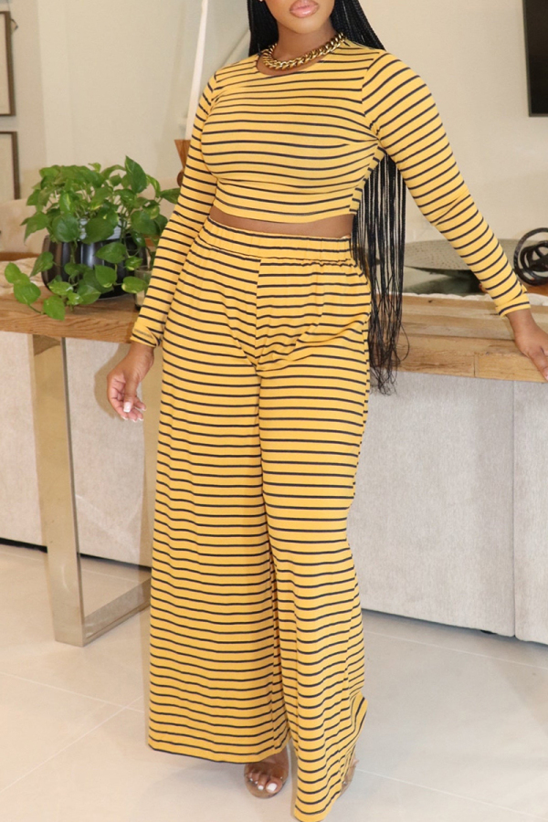 Yellow Casual Stripe Patchwork O Neck Long Sleeve Two Pieces