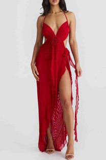 Red Sexy Print Patchwork Backless High Slit Ruched Strap Design Halter Irregular Dresses