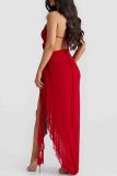 Pink Sexy Print Patchwork Backless High Slit Ruched Strap Design Halter Irregular Dresses